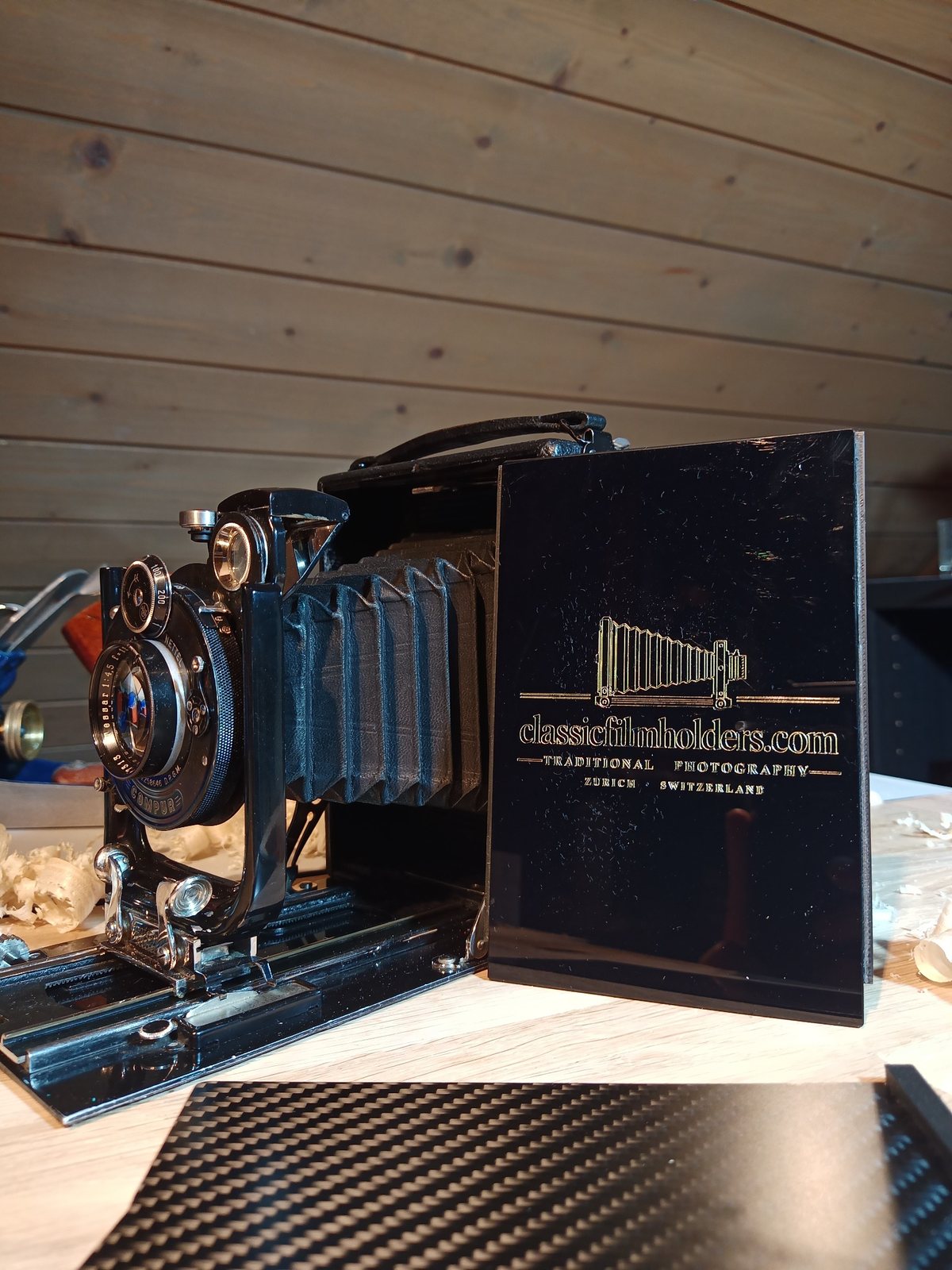 Contessa-Nettel Sonnar camera shown with the Classic Film Holders replacement holder