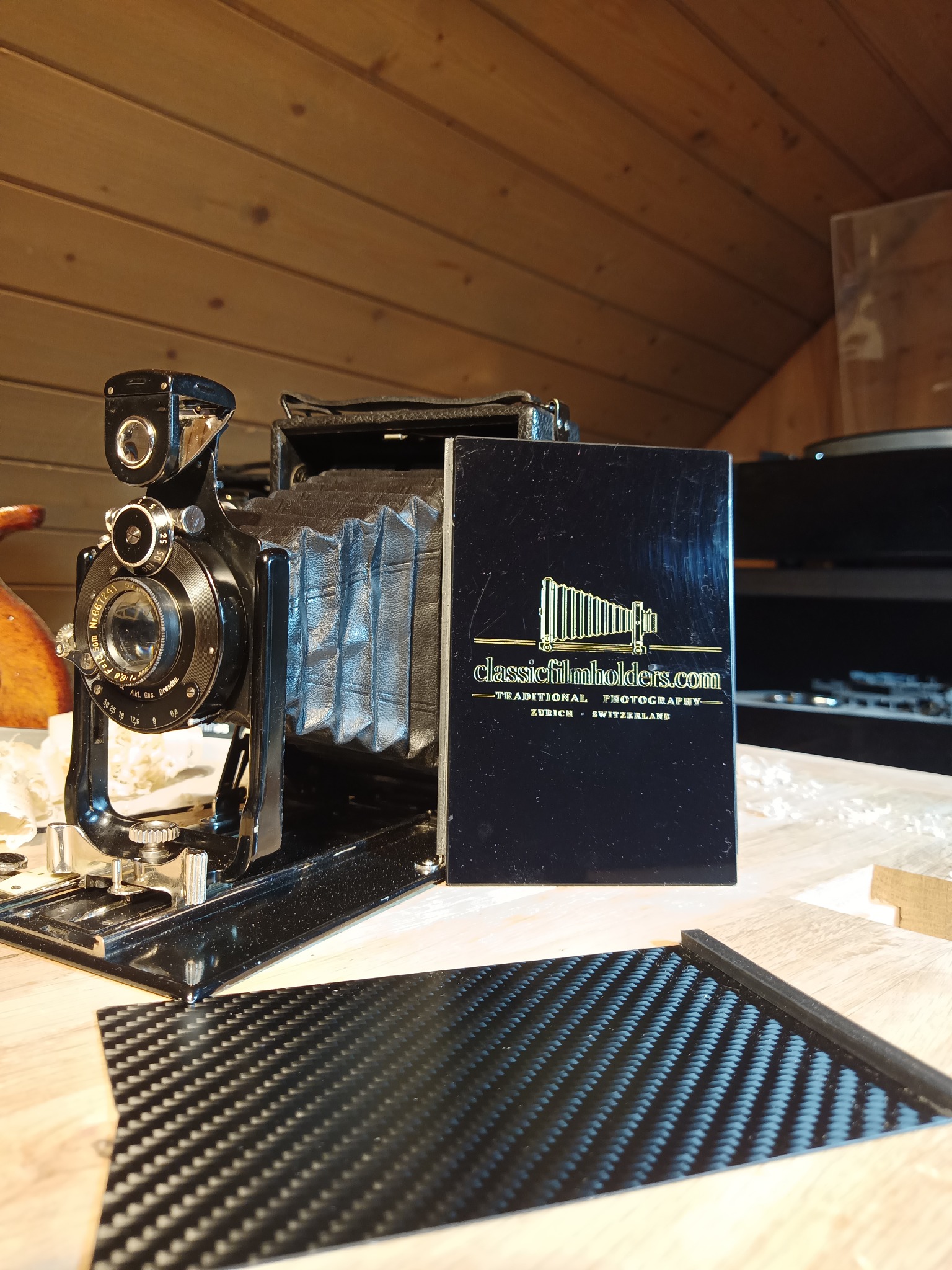 ICA Volta camera shown with the Classic Film Holders replacement holder
