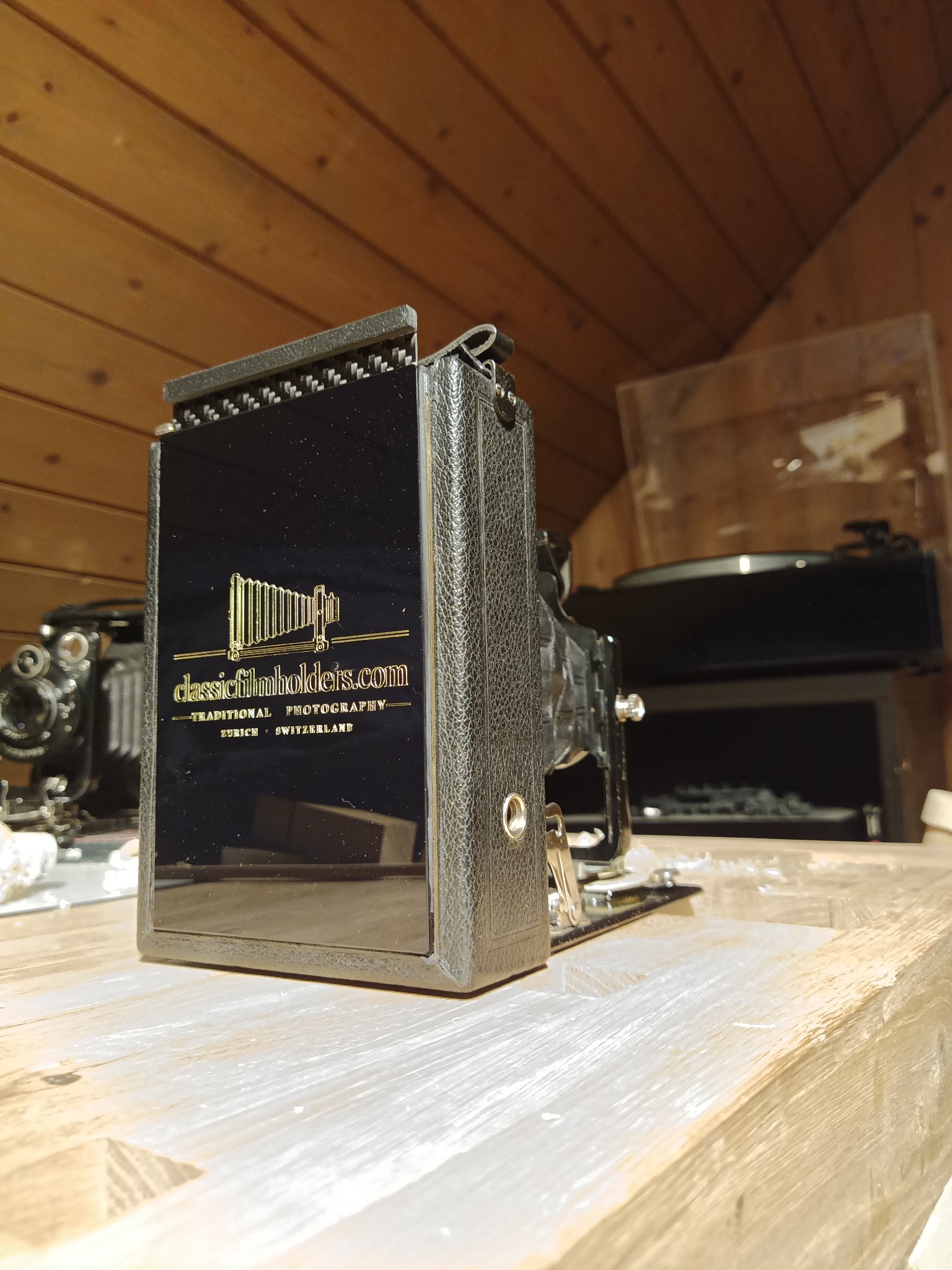 Rear view of an ICA Volta with the replacement 9x12 holder installed